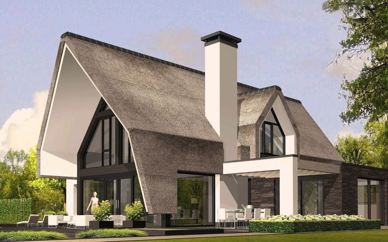 Hedendaags modern wit landhuis rieten dak zwarte planken schuur - IBOC RM-55